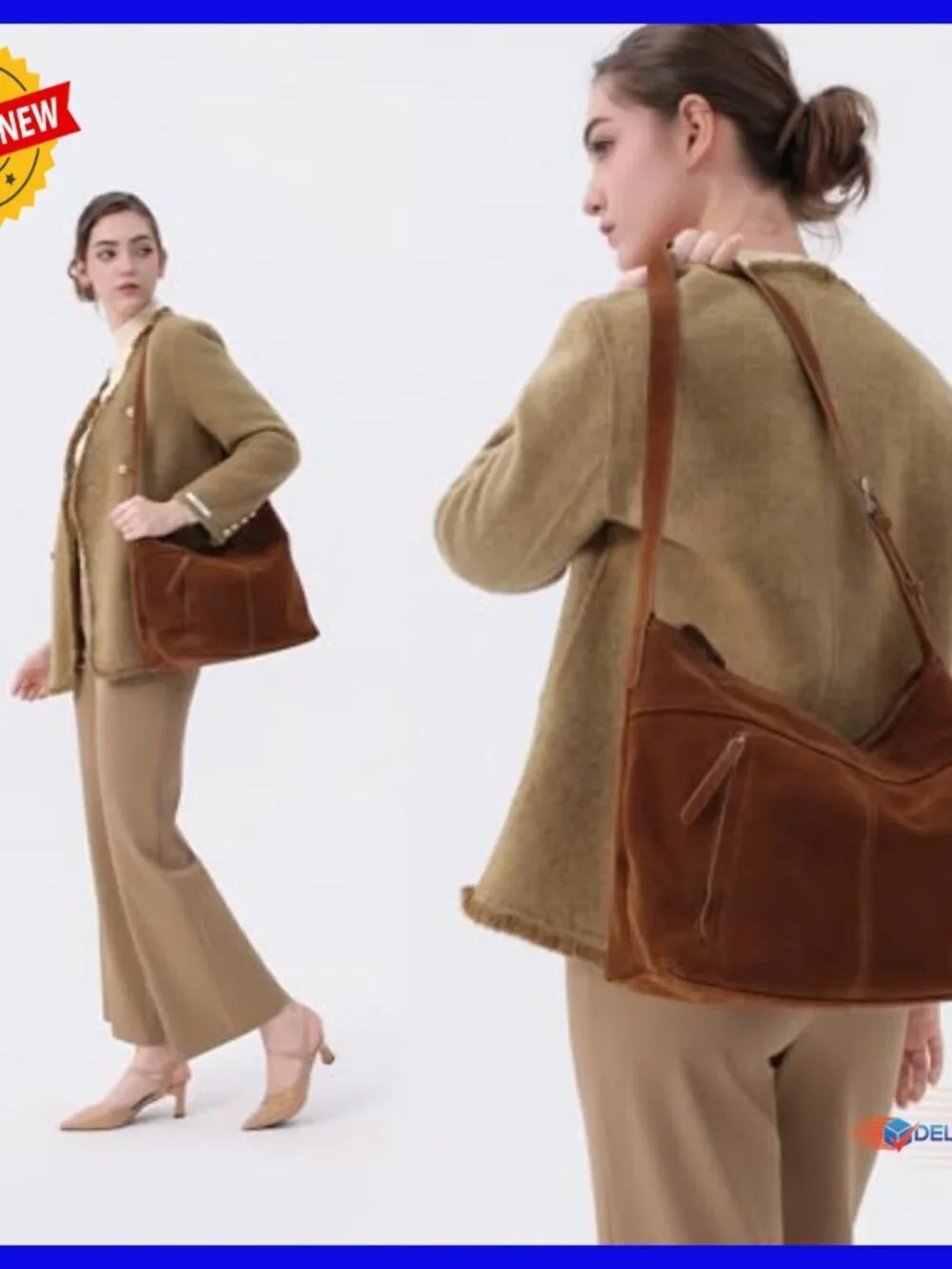 Genuine Suede Leather Hobo Tote with Adjustable Shoulder Crossbody Strap